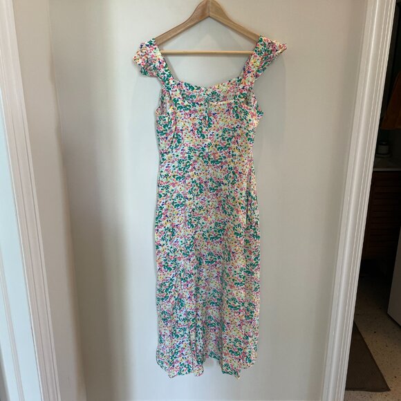 Loft Sleeveless Multicolor Floral Print Ruffle Strap Midi Dress - Size 4 - Picture 2 of 3